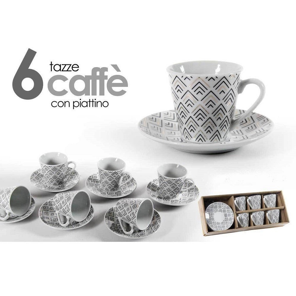 Trade Shop - Set 6 Pz Tazzine Caffè Con 6 Piattini Bianco Deco In Porcellana Decorate 780776 -