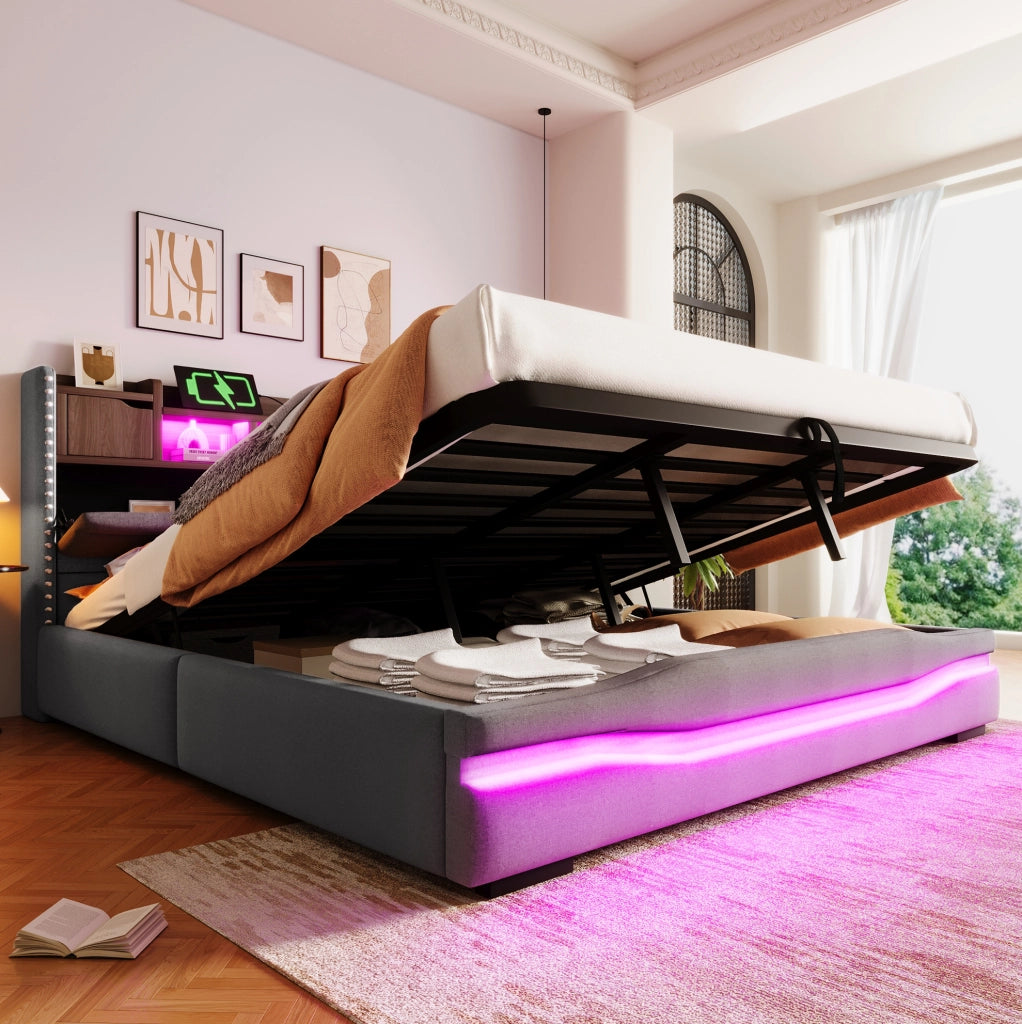 Letto contenitore 180x200 cm con LED, stazione di ricarica e testiera con vano