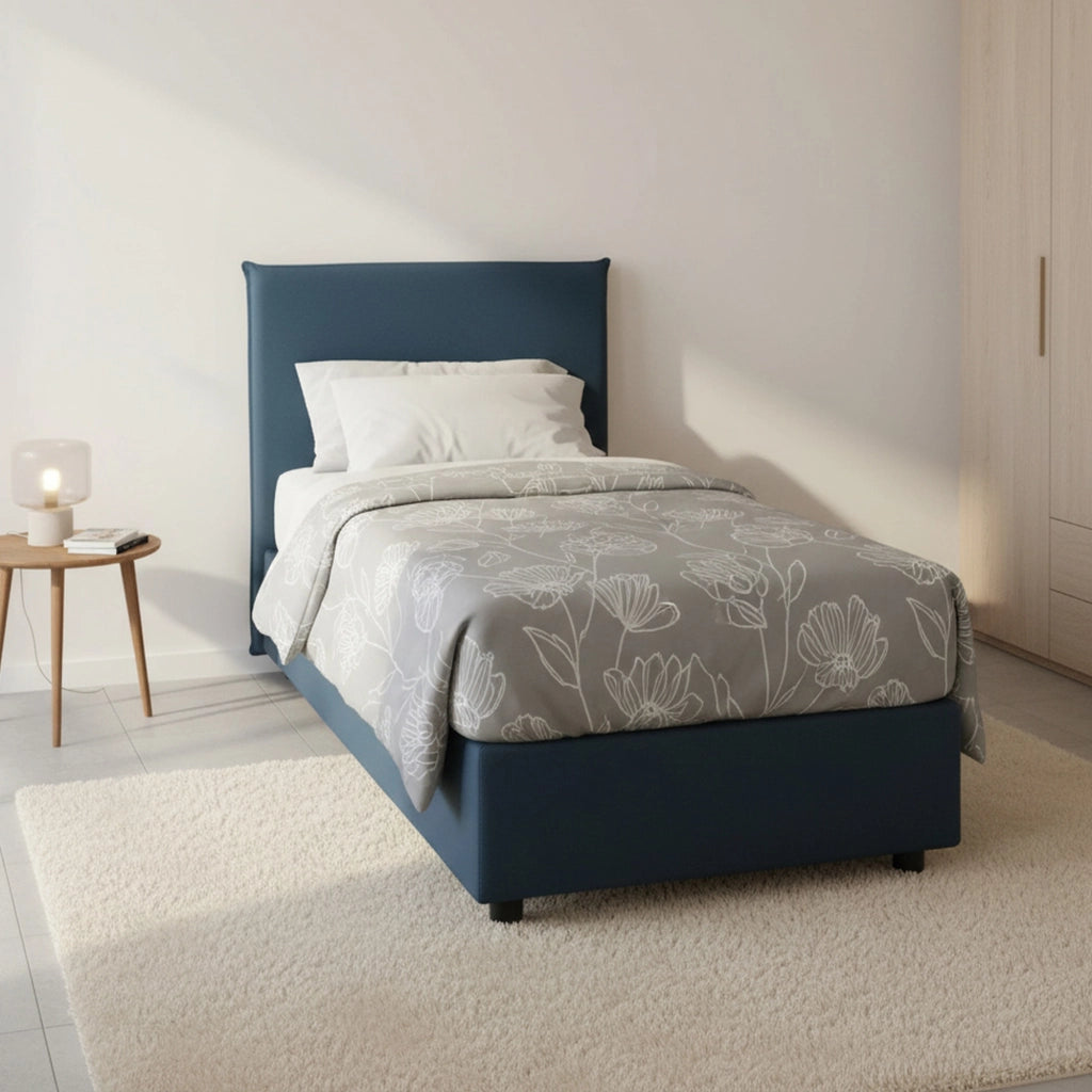Letto singolo Shana, Letto contenitore con rivestimento in tessuto, Made in Italy, Apertura frontale, adatto per materasso cm 80x200, Blu
