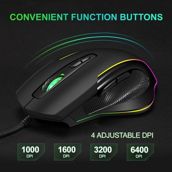 Maus da gaming, mouse da gaming ergonomico, con 6400 DPI regolabile, 4 livelli di regolazione, software professionale per giocatori e ufficio [nero]