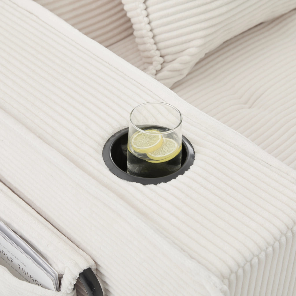 Divano modulare in corduroy beige con cuscini e tasche laterali per angoli lettura e relax