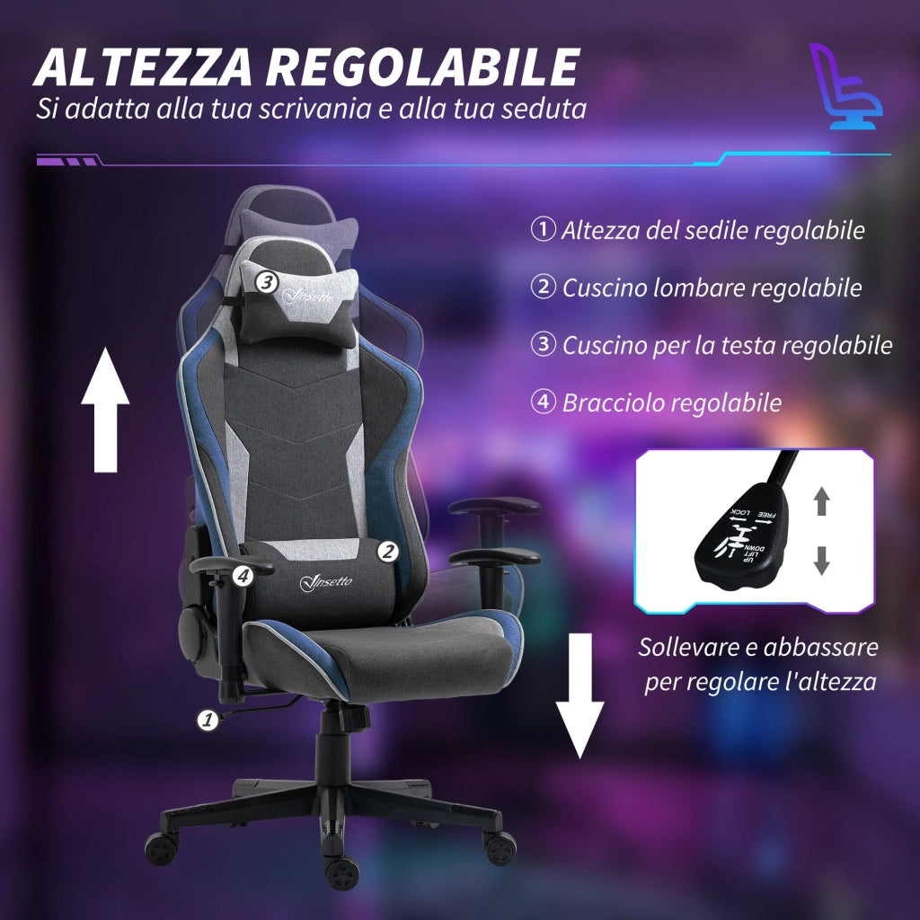 Sedia da Gaming 66x53x128-138 cm Reclinabile a 150°  Blu