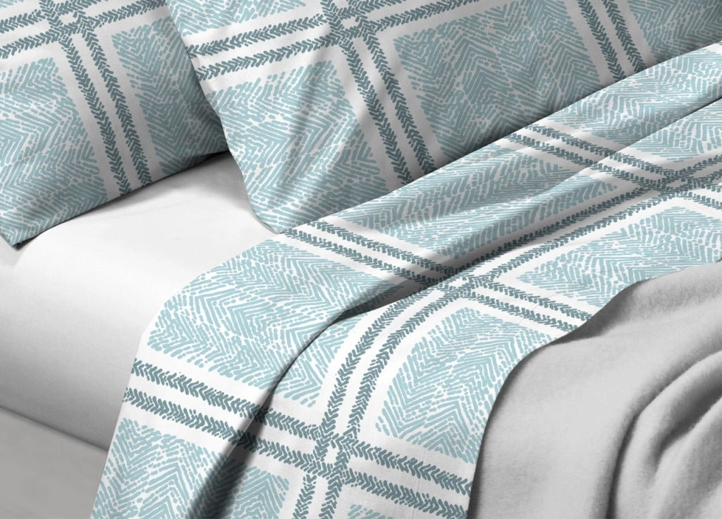 Completo Lenzuola In 100% Cotone  Disegno Tartan Colore Azzurro Modello O.B. - Singolo - Azzurro