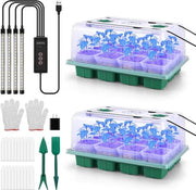 Scatola per Semi con Luce LED, 2 Pezzi, 24 celle, Scatola per Semi con Cupola di Umidità, Piatto per Semi Reutilizzabile, Mini Serra per Semi, Set di Coltivo Compatto per Semi.