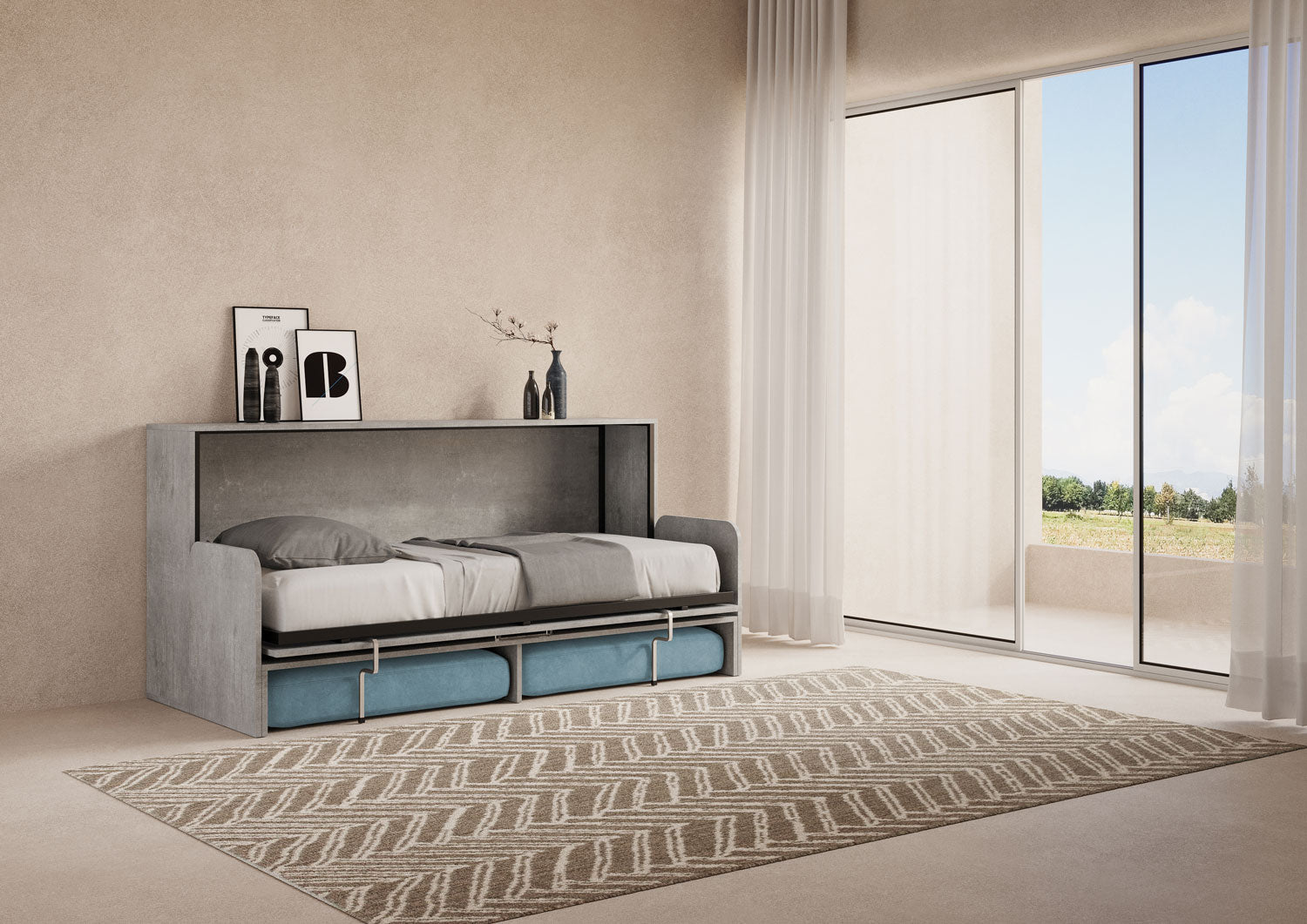 Letto Singolo A Scomparsa Kando Con Divano Cemento e Azzurro