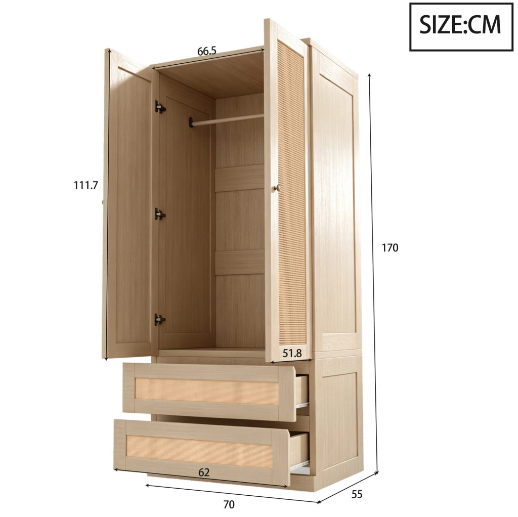 Armadio a doppia anta 70x55x170 cm in legno colore legno; con 2 cassetti ed effetto rattan