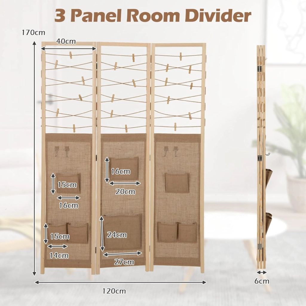 Paravento pieghevole a 3 pannelli. Separatore di privacy in legno con 8 tasche, 4 ganci e spago per appendere con 20 clip in bambù, 120 x 170 x 2 cm