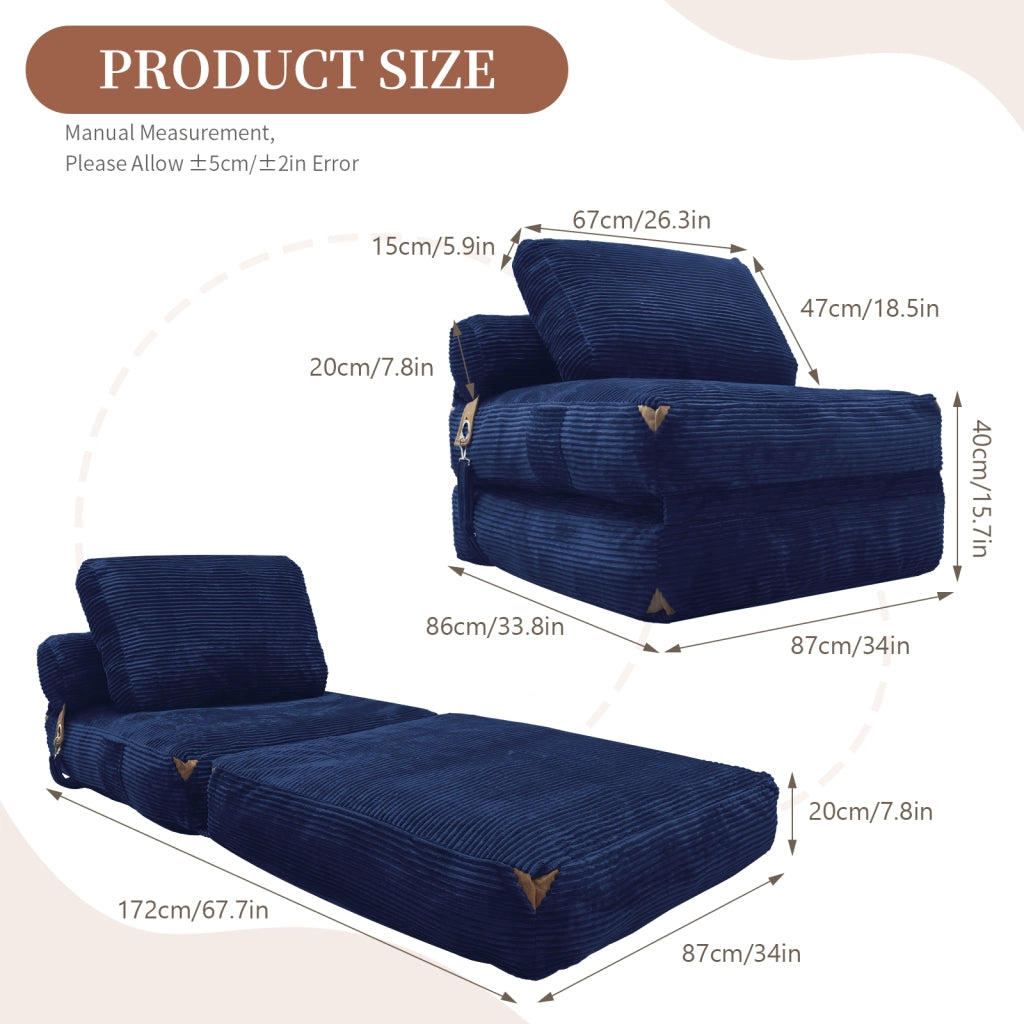 Divano letto pieghevole compatto con supporto avvolgente per piccoli spazi in flanella blu 52.0 × 42.0 × 33.0 cm