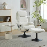 Poltrona relax, reclinabile e massaggiante a 5 punti, con funzione di riscaldamento elettrico e poggiapiedi, girevole a 360°, in tessuto chenille, 75.5x77x100 cm, Bianco