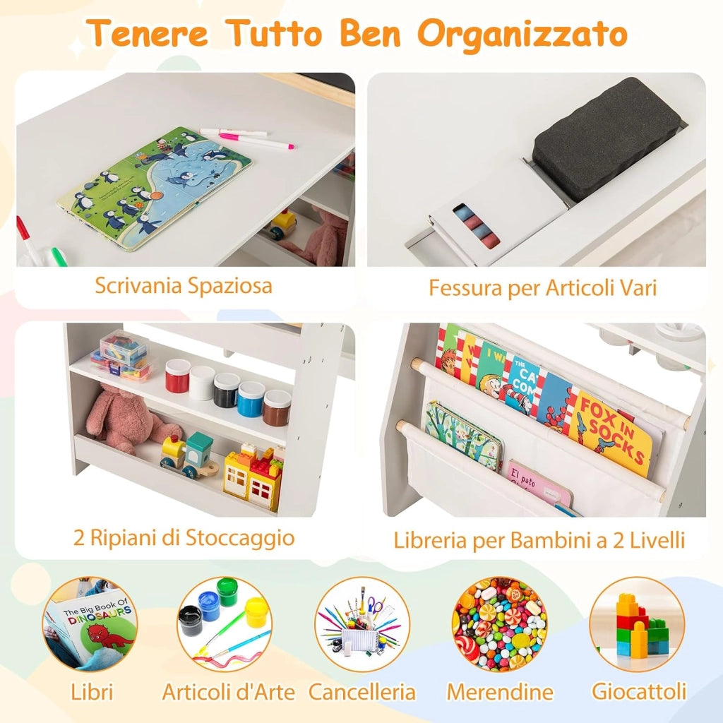 Set 3 in 1 Tavolo e Sedia per Bambini 3+ Anni, Tavolo in Legno Sicuro con Lavagna, Sedia, Lavagna Bianca, Rotolo di Carta, 2 Ripiani Aperti e Libreria a 2 Ripiani, Ideale per Disegno (Grigio)
