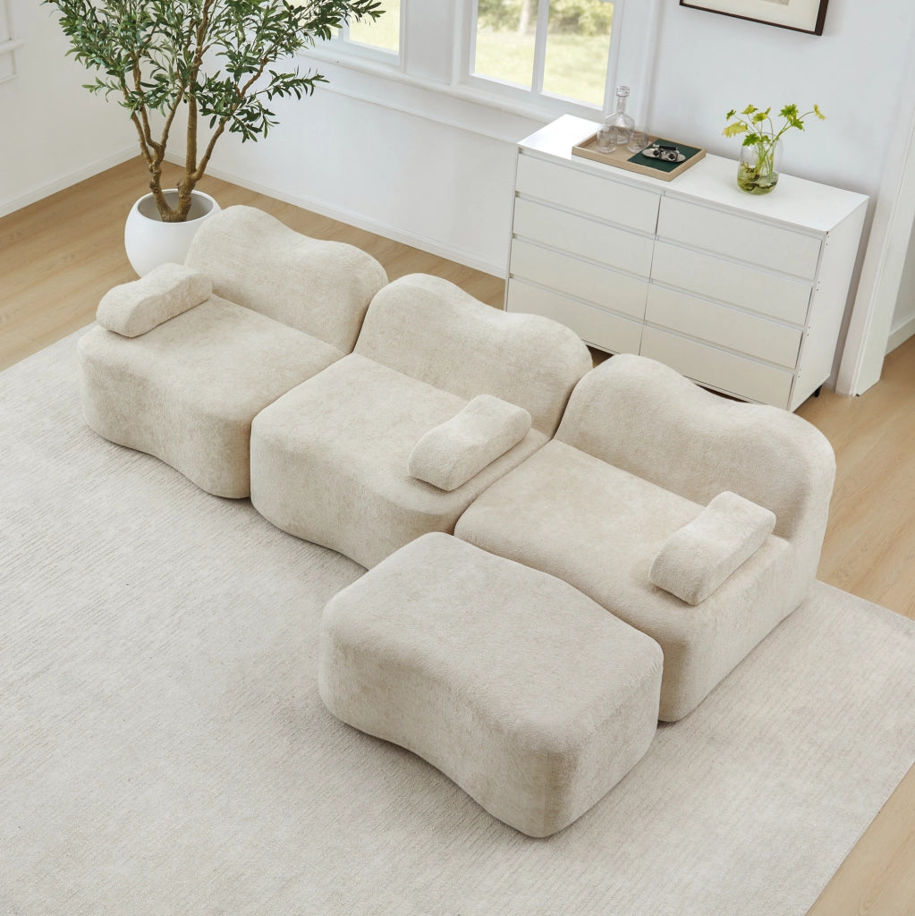 Divano angolare modulare 3 posti con pouf 288x167x70 cm in velluto beige