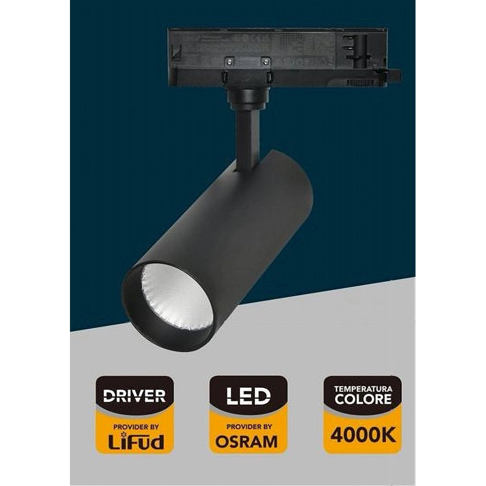 Trade Shop - Faretto Led 30 W Binario Track Trifase Faro Luce 4000k Ip20 Nero Bianco Pt4-30w - Nero