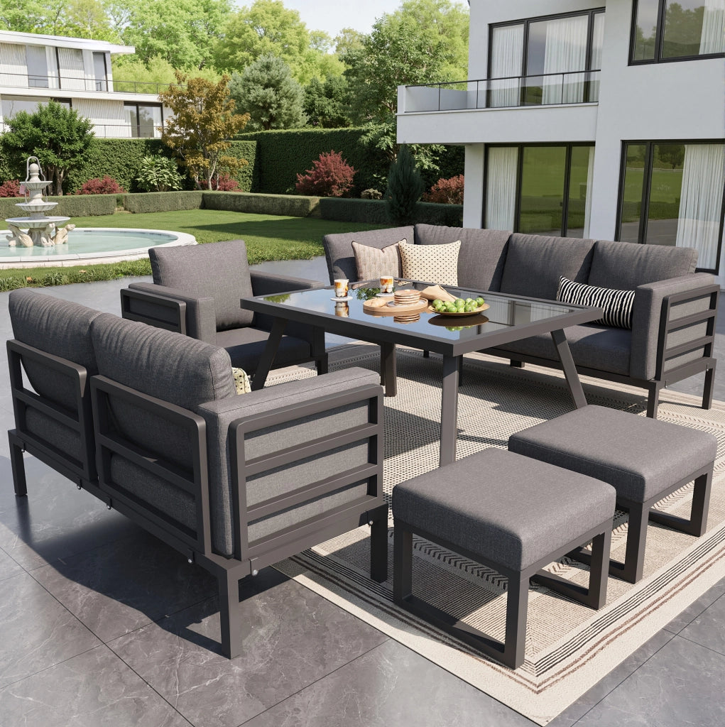 Salotto da giardino modulare; 8 posti con cuscini da 8 cm; ferro e vetro; grigio