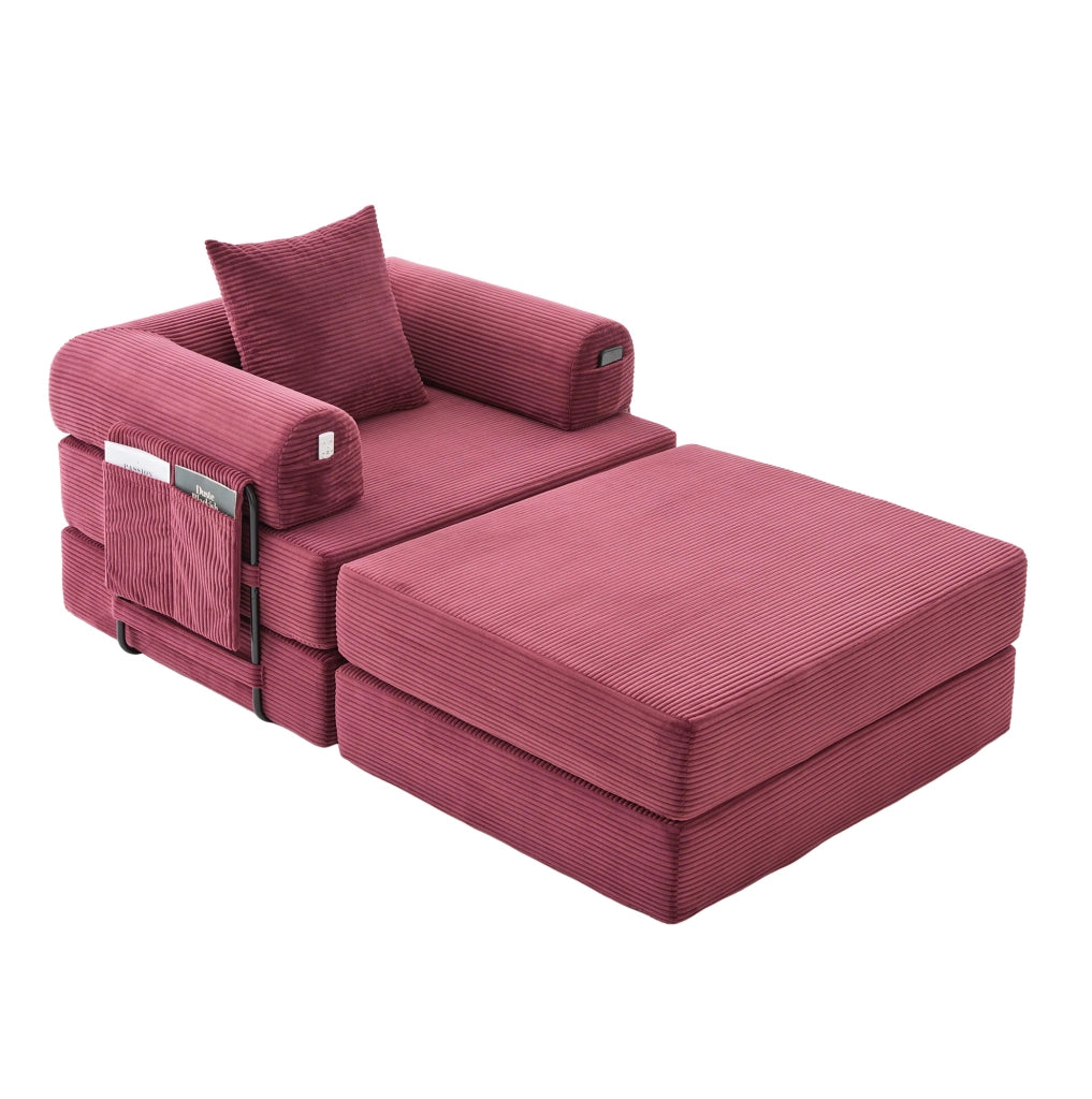 Divano modulare in velluto a coste bordeaux 112x190x67 cm con pouf; cuscino e tasca laterale