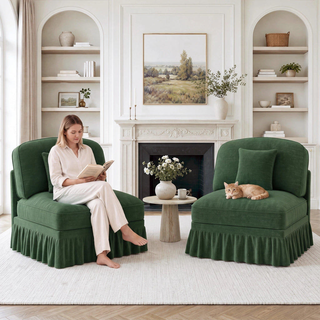 Divano senza braccioli in ciniglia con cuscino mobile e gonna rimovibile seduta morbida verde 79 × 75 × 23 cm