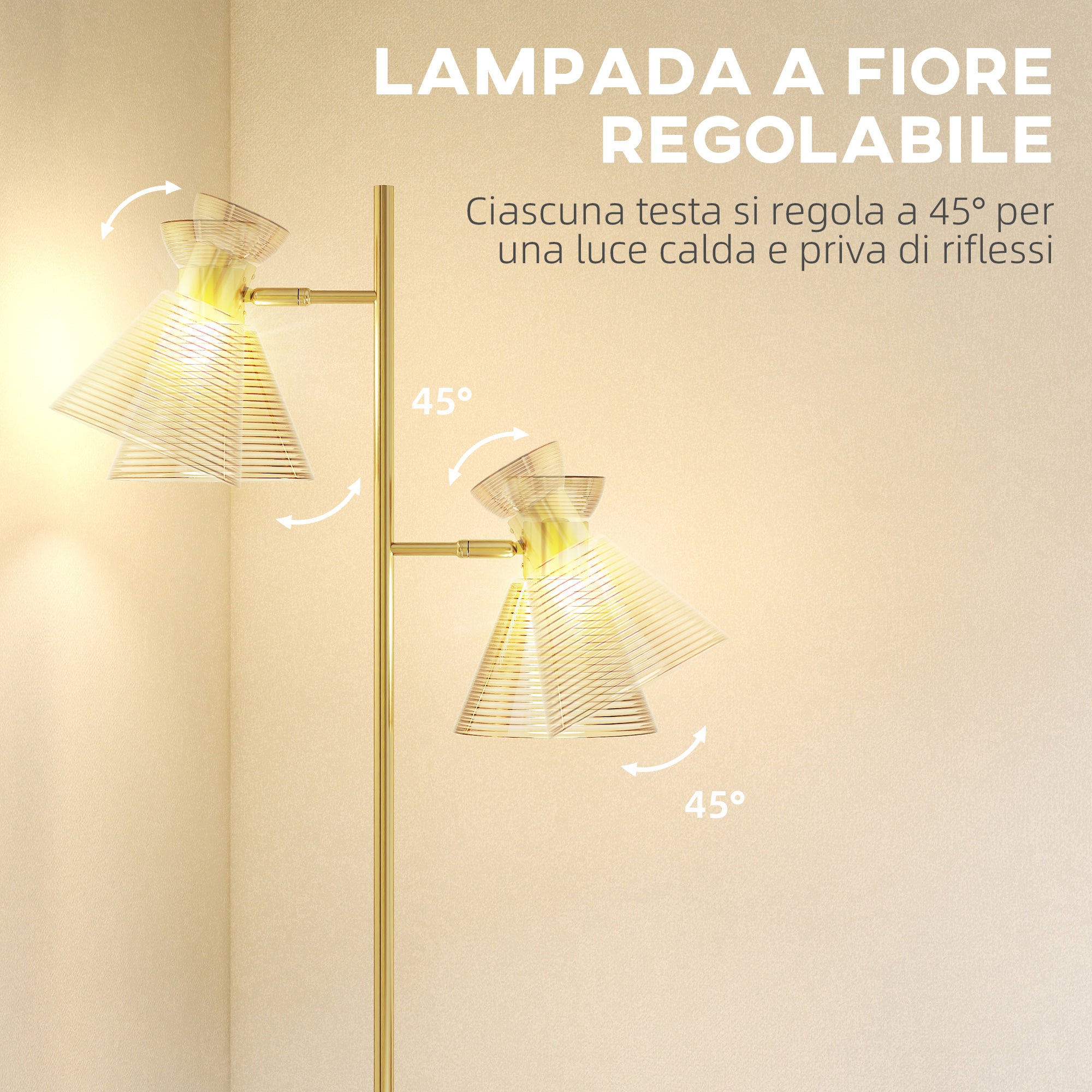 Lampada da Terra Moderna con 2 Luci Orientabili Interruttore a Pedale Oro