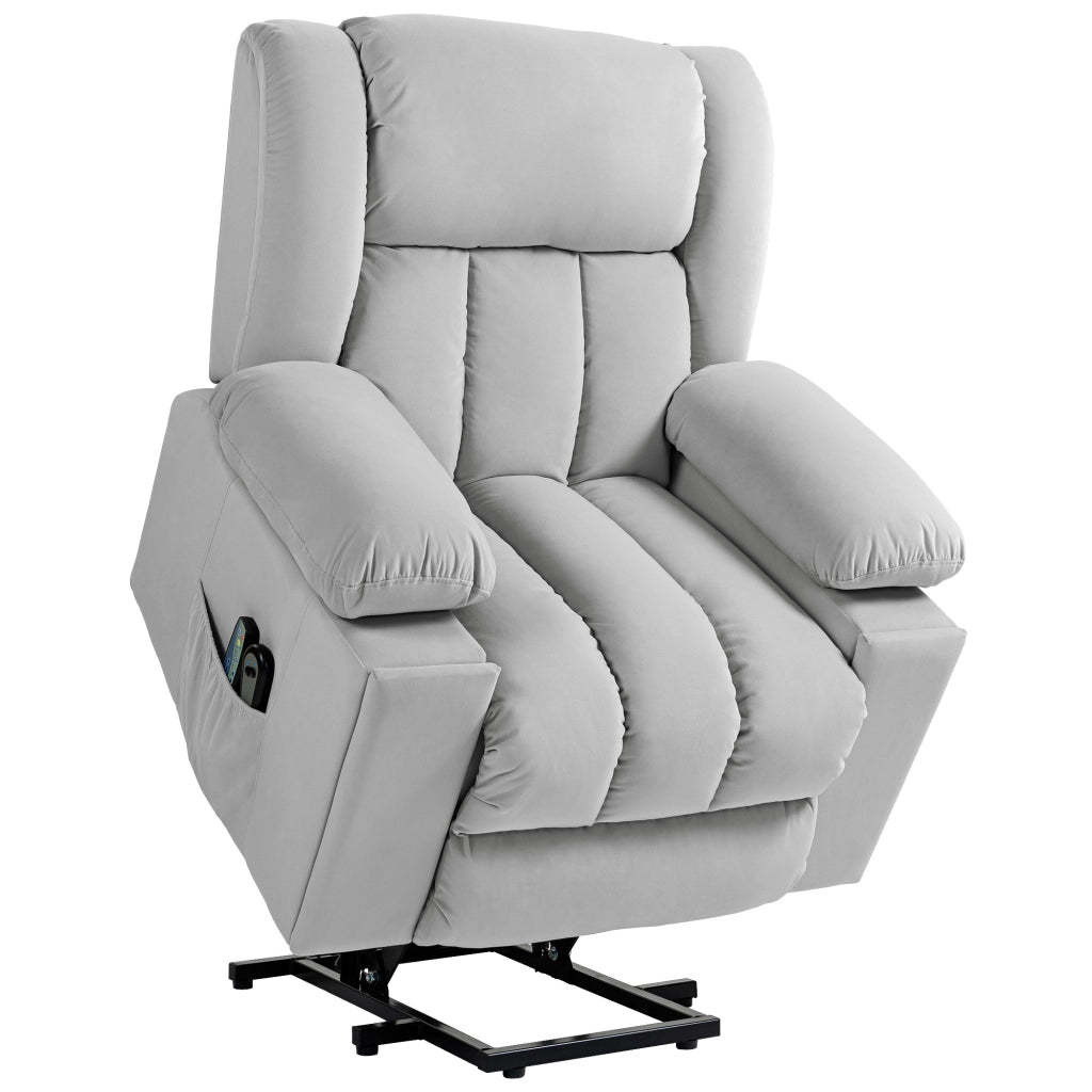 POLTRONA RELAX ELETTRICA CON ALZATA, MASSAGGIO E CALORE, VELLUTO GRIGIO CHIARO
