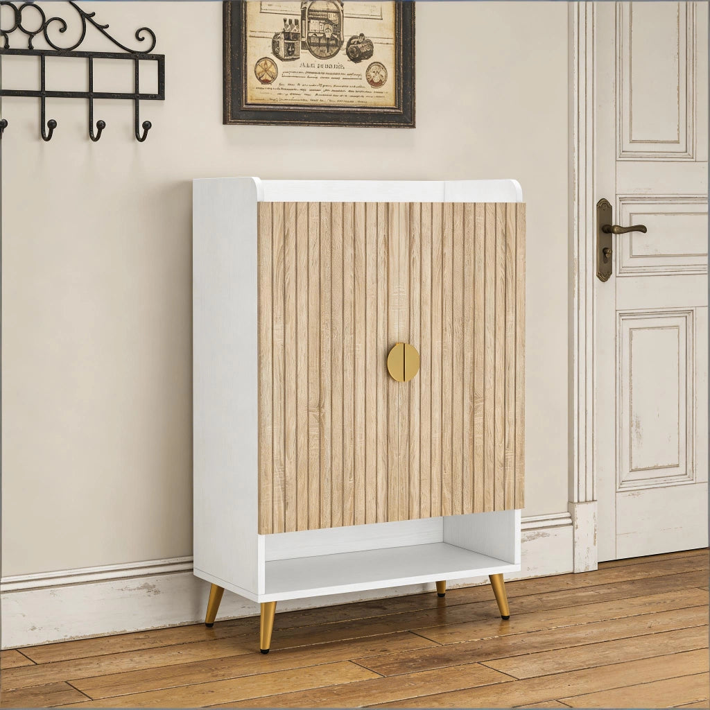 Scarpiera con 7 ripiani e ripiano inferiore aperto; 22-25 paia; per ingresso; in legno e metallo; bianco