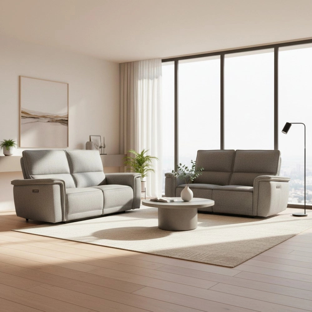 Set divani recliner elettrici Velveta 3 posti + 2 posti tessuto grigio