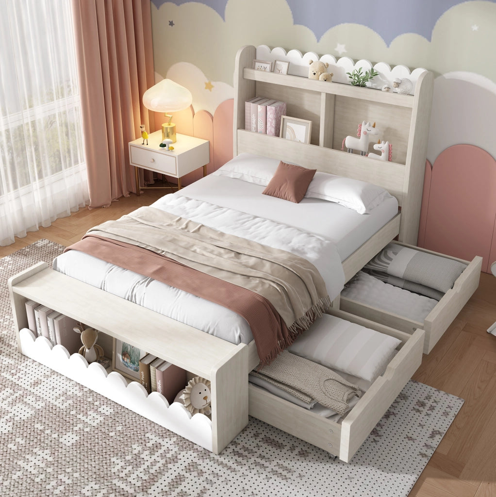 Letto per bambini 90x190 cm con 2 cassetti e ripiani; legno massello e MDF bianco e rovere chiaro