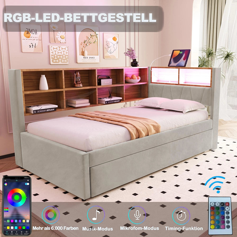 Divano letto - Xylo - 90x200 cm letto nascosto USB grigio chiaro
