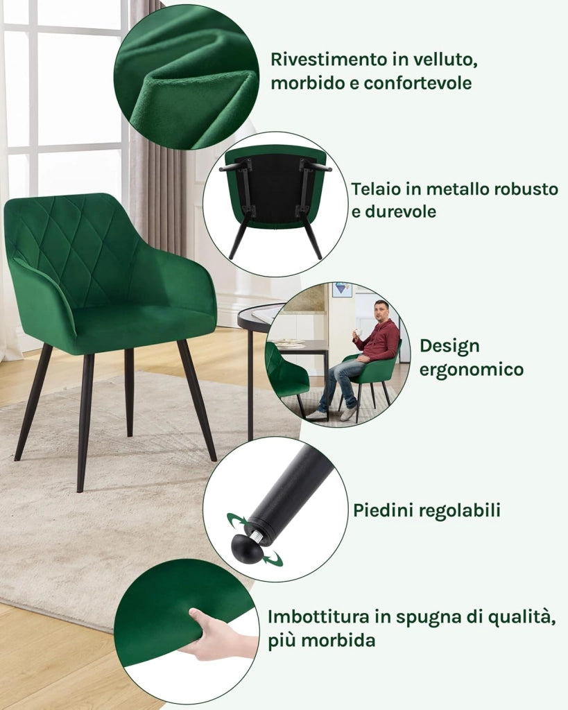 1x Sedia per Sala da Pranzo Imbottita, Poltroncina in Velluto,Sedia da Cucina con Braccioli e Schienale, Gambe in Metallo, Verde Scuro, BH352dgn-1