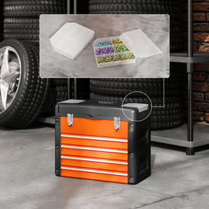 Cassetta Porta Attrezzi 49,7x25,3x40,7 cm con 4 Cassetti e Scomparto Superiore in Acciaio e Plastica Arancione e Nero