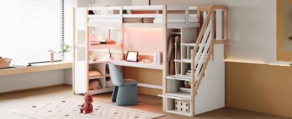 DESMIU Letto a soppalco singolo con scrivania, armadio, scala contenitore e LED, 90 × 200 cm, senza materasso