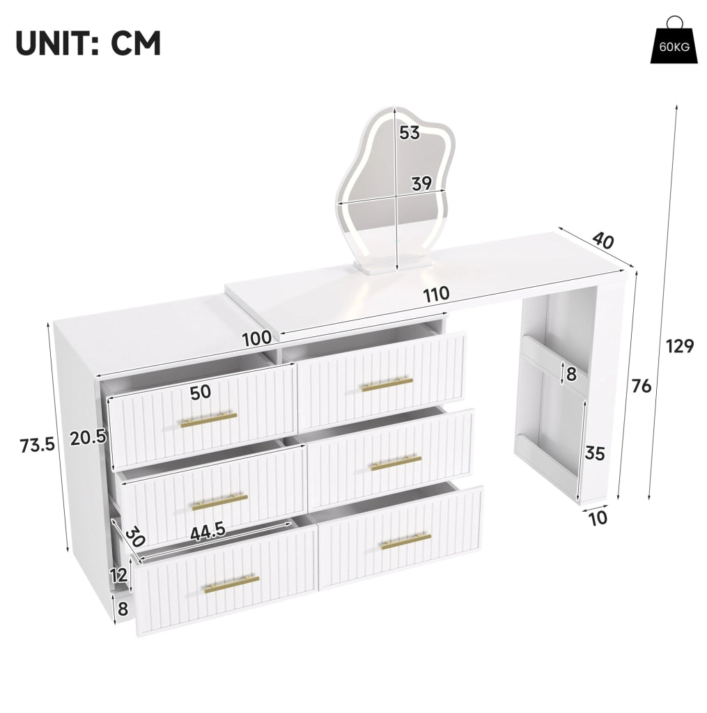 Toeletta girevole con specchio LED, 6 cassetti, bianco e oro, 110×40×129 cm