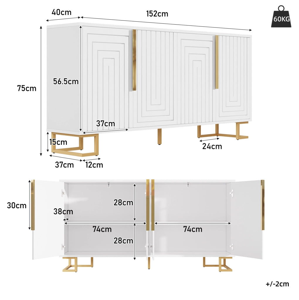 Credenza 152x40x75 cm con 2 ante e 4 ripiani; dispositivo antiribaltamento; MDF bianco