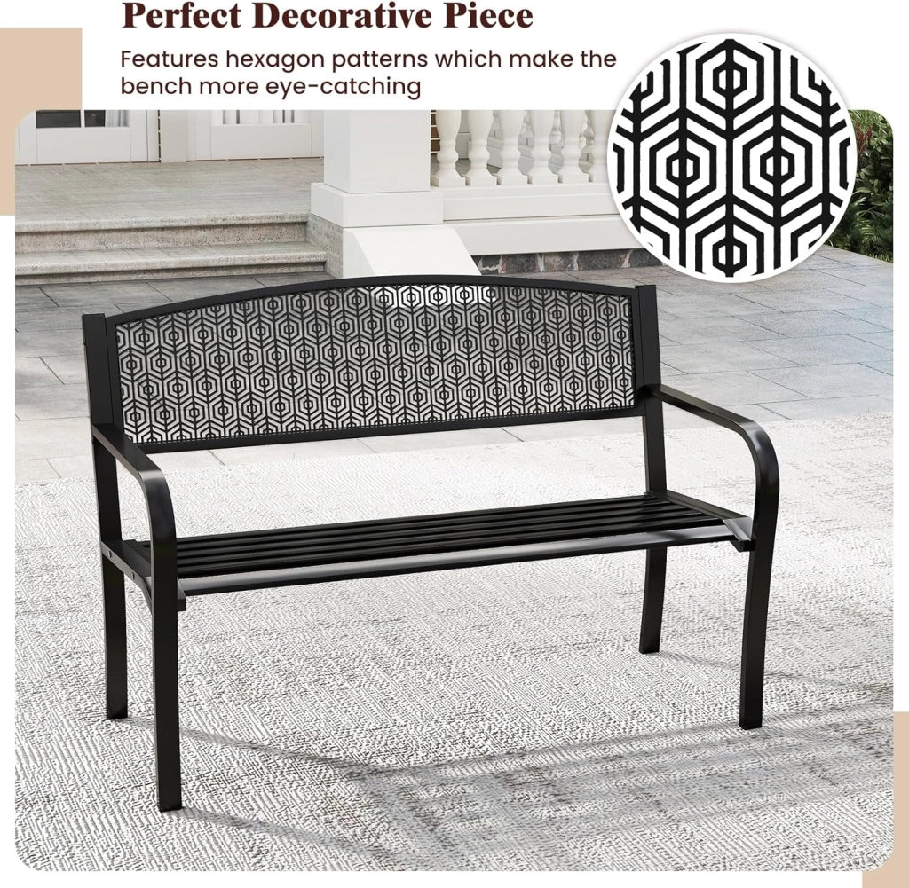 Panca da giardino in metallo a 2 posti, con braccioli comodi e seduta curva, seduta a doghe e schienale elegante, per 2-3 persone, panchina per parco, patio, balcone (nero)