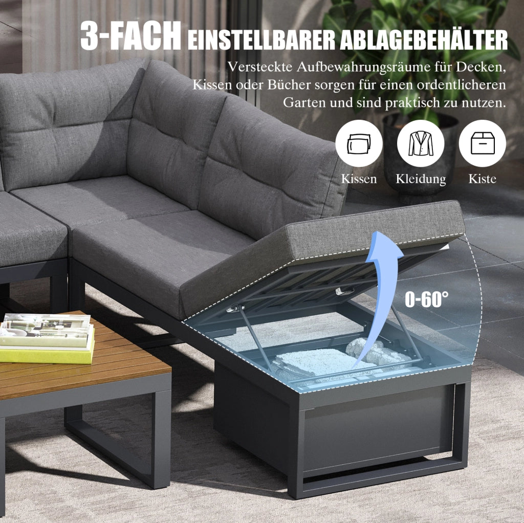 Set divano da esterno modulare grigio con contenitore e schienale regolabile