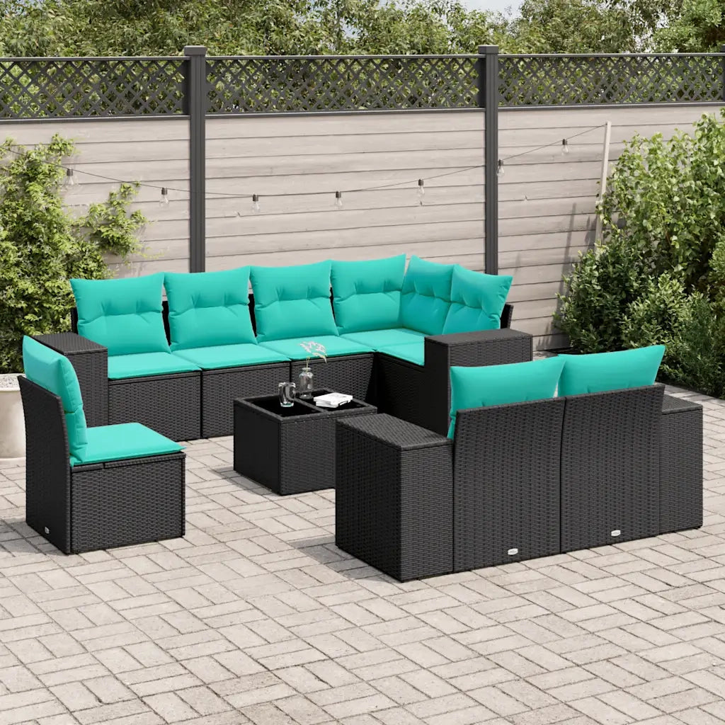 Set Divani da Giardino 9 pz con Cuscini Nero in Polyrattan 3222846