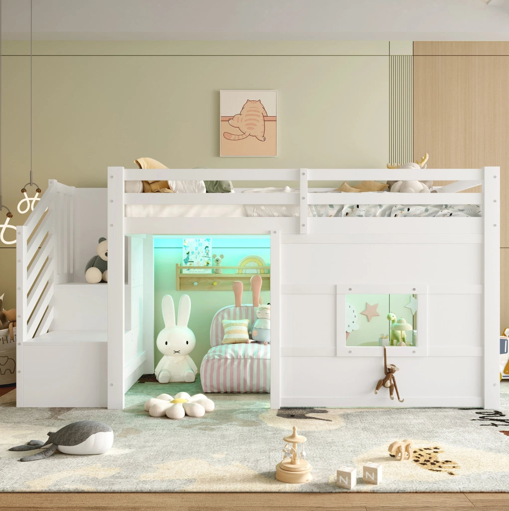 Letto a soppalco 90x200 cm con scala contenitore; finestra e LED in MDF; pino; compensato bianco