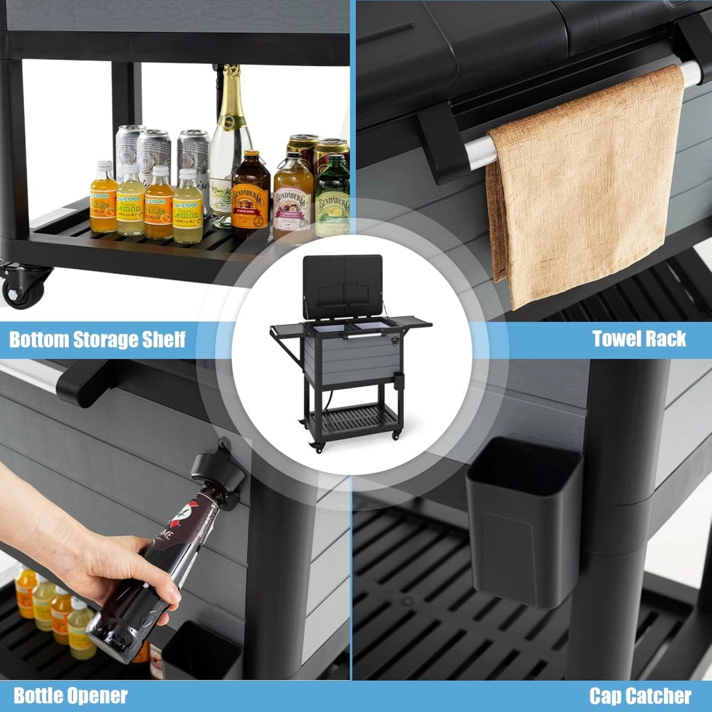 Cassettiera per rotelle, 91 l, bar, per esterni, mobile, 83 x 50 x 85 cm, con separatore rimovibile, 2 ripiani laterali pieghevoli, 4 ruote universali, per giardino, terrazza, piscina