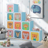 Armadio portatile per bambini, Armadio con 12 cubi con 2 sezioni appendibili com¨° con cartoon Blu-Scaffalature