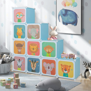 Armadio portatile per bambini, Armadio con 12 cubi con 2 sezioni appendibili com¨° con cartoon Blu-Scaffalature
