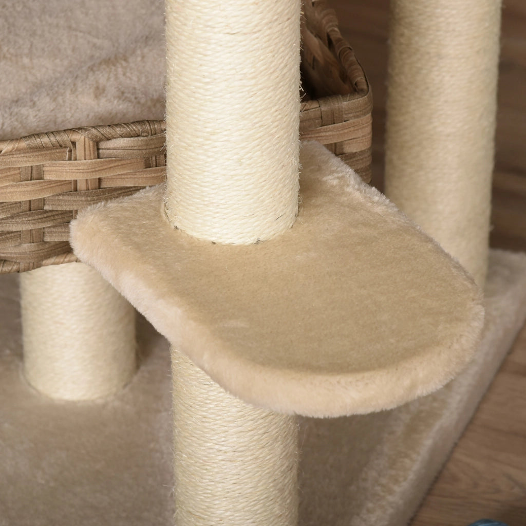 Albero per gatti a pi¨´ livelli con tana ¨C zephmum ¨C Rattan MDF Sisal Beige Marrone 55x55x174 cm