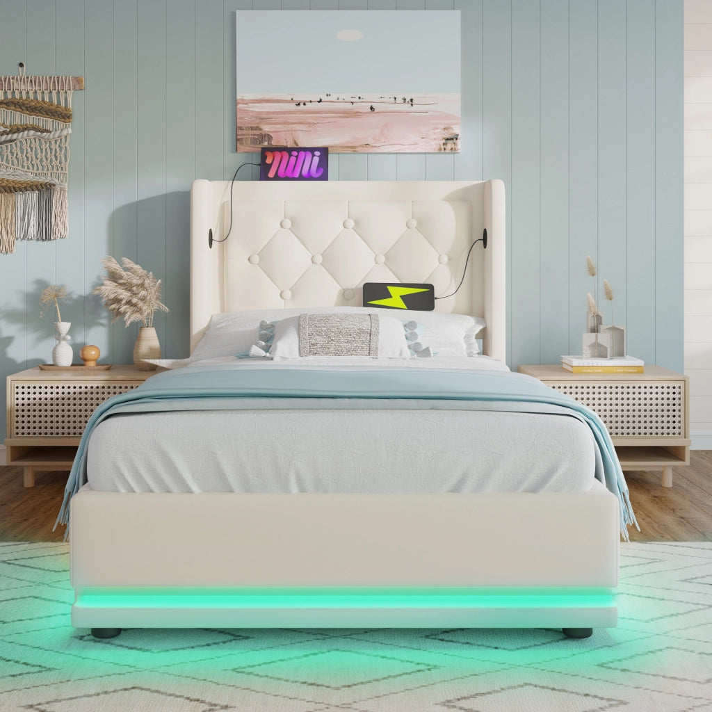 Letto singolo imbottito 90x200 cm in PU bianco, letto contenitore con USB Type-C, LED a 3 lati e materasso