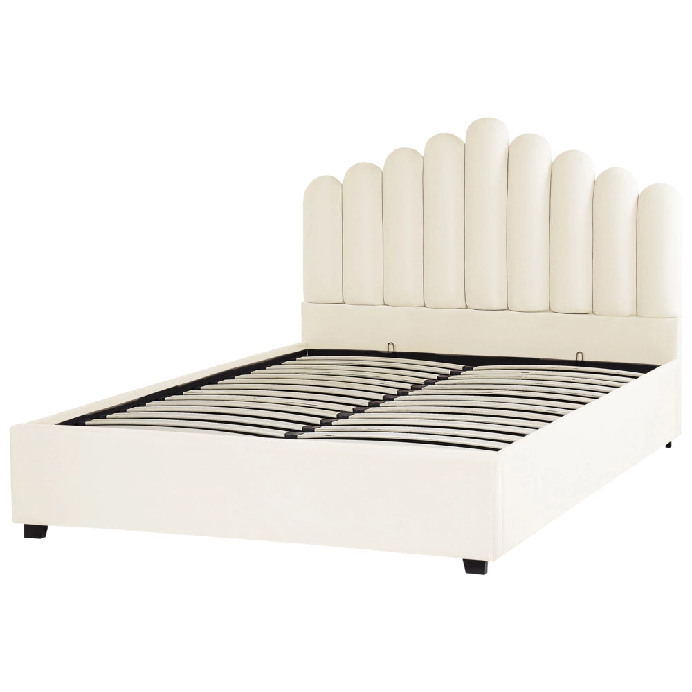 Letto contenitore matrimoniale rete a doghe velluto bianco sporco 160 x 200 testiera a conchiglia