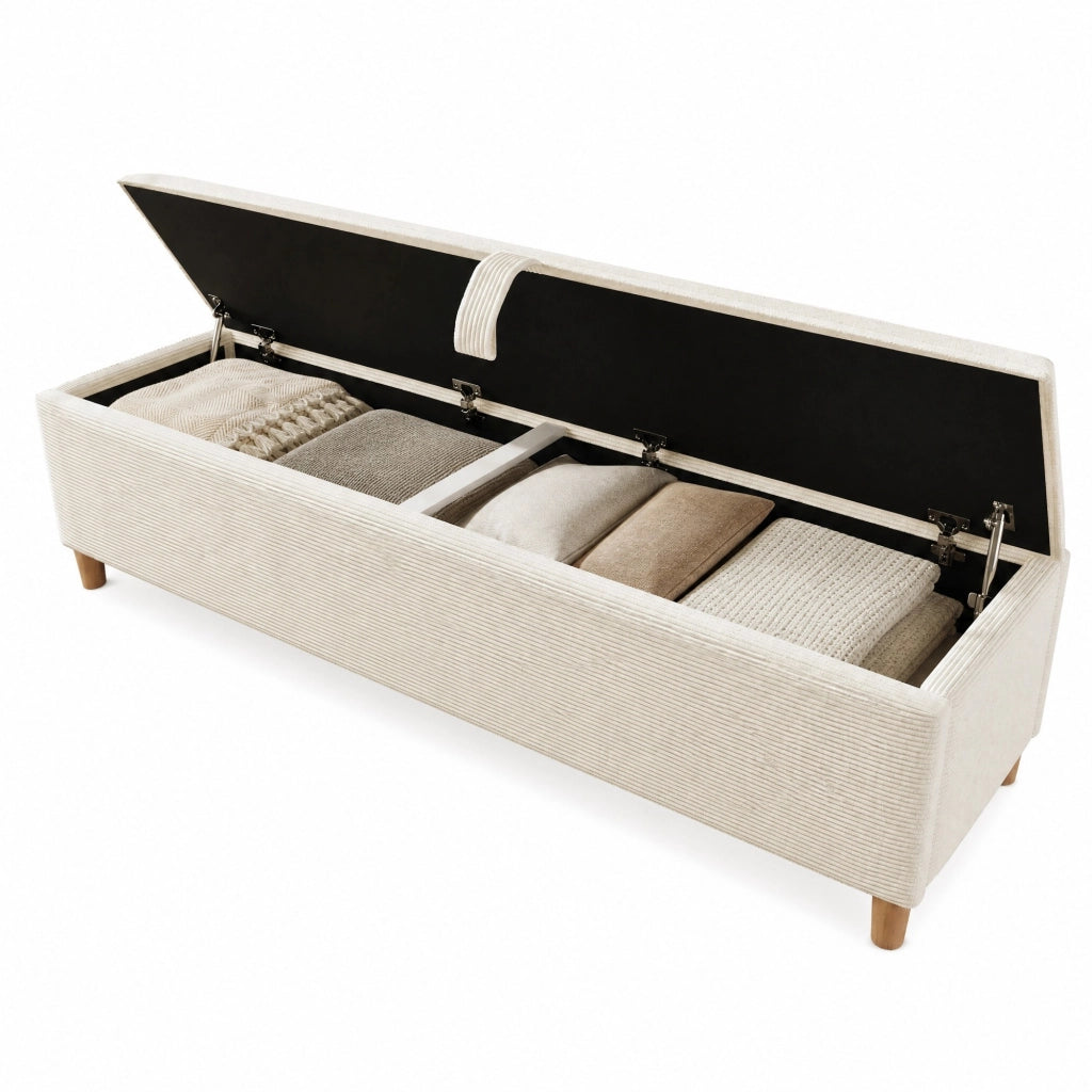 Letto matrimoniale 160x200 cm con panca contenitore, testiera con LED e materasso incluso, rovere chiaro