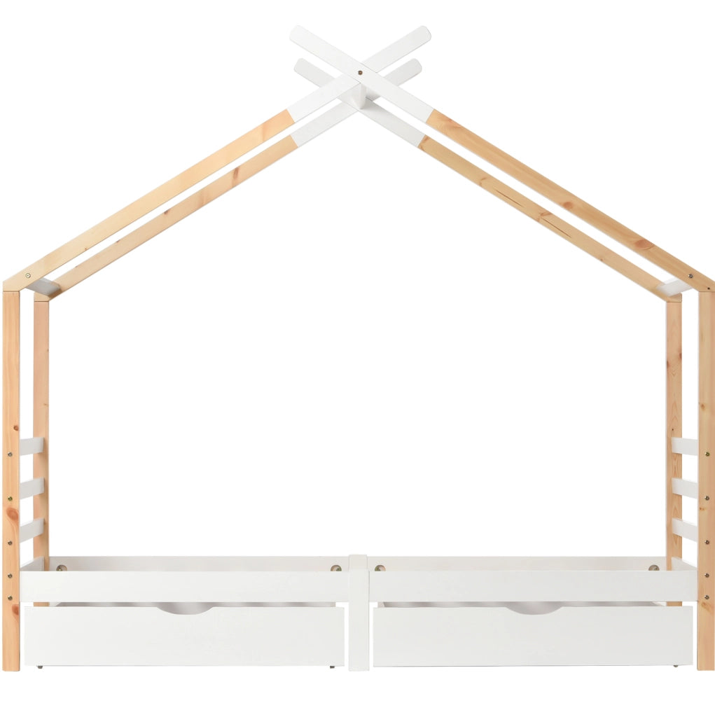Letto a casetta per bambini con cassetti 90x200 cm; in pino massello e MDF; bianco