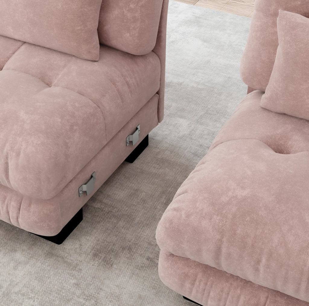 Divano modulare angolare in chenille rosa con pouf mobile; 4 posti