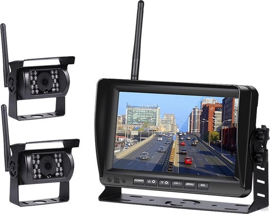 Kit di ripresa di parcheggio con set di dashcam wireless - 7" schermo - 18 LED visibilità notturna 15m - IP67 impermeabile - 2 telecamere - adatto per auto/ camper/ caravan/ camion/ agricoltura/ barca/ trattore