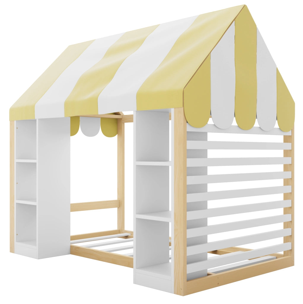 Letto bambini 90x200 cm con baldacchino e vani portaoggetti; bianco e colore naturale