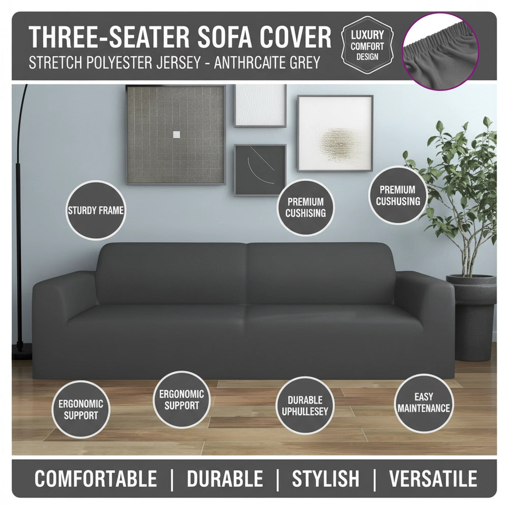 Stretch Sofa Cover For 3-seater, Anthracite Polyester Jersey