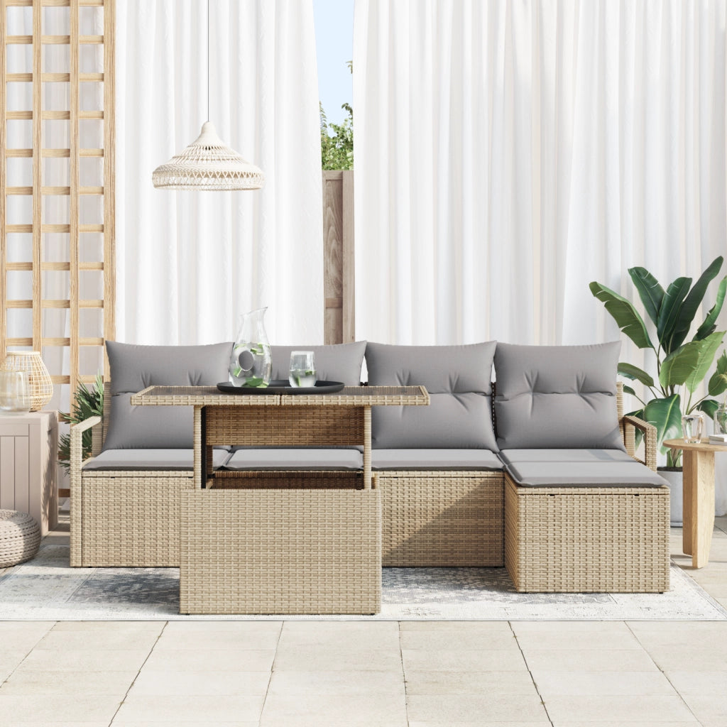 Set Divano da Giardino 6 Pezzi con Cuscini Beige Polirattan