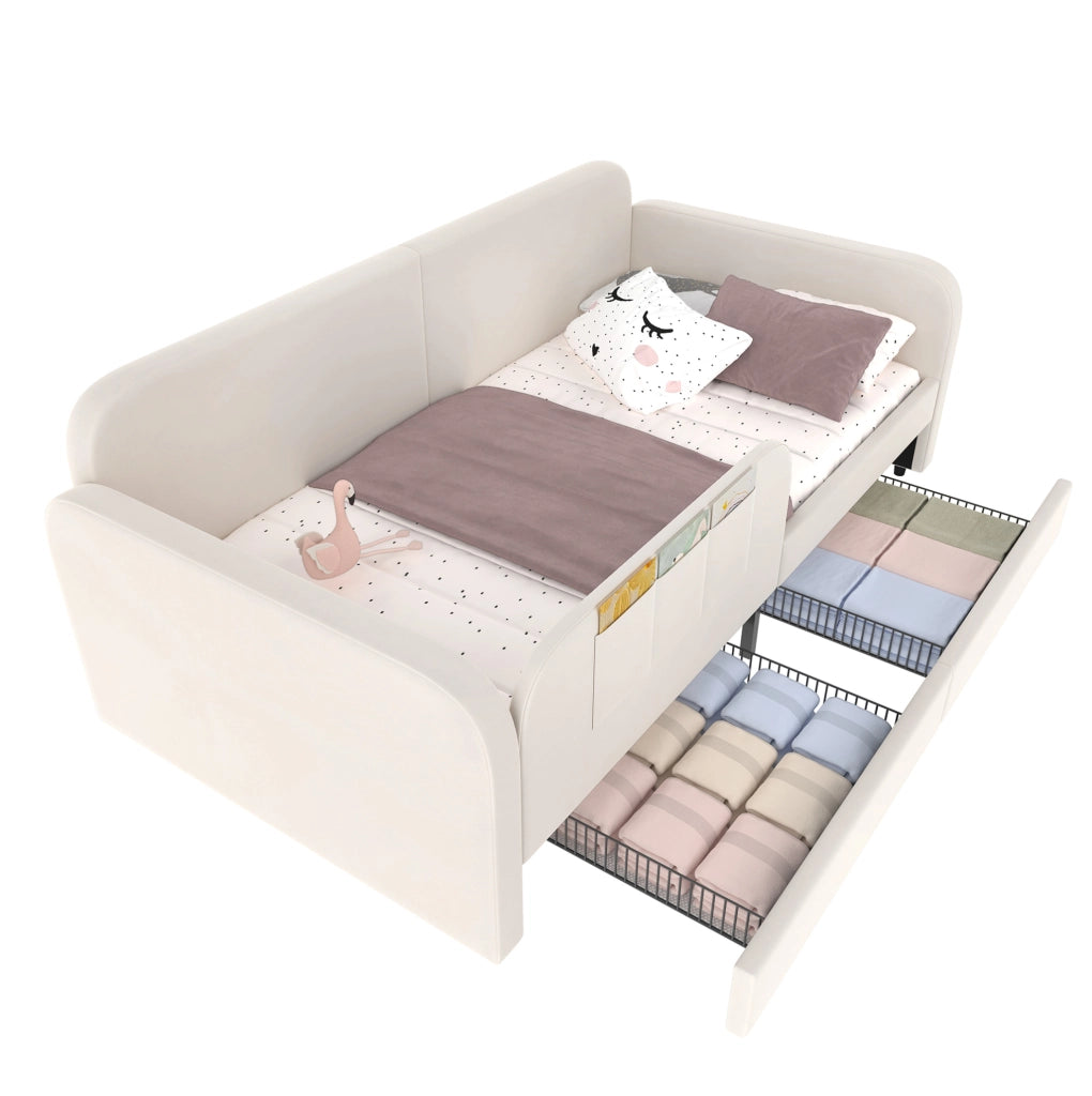 Letto singolo imbottito bianco 90x200 cm con cassetti e sponde rialzate