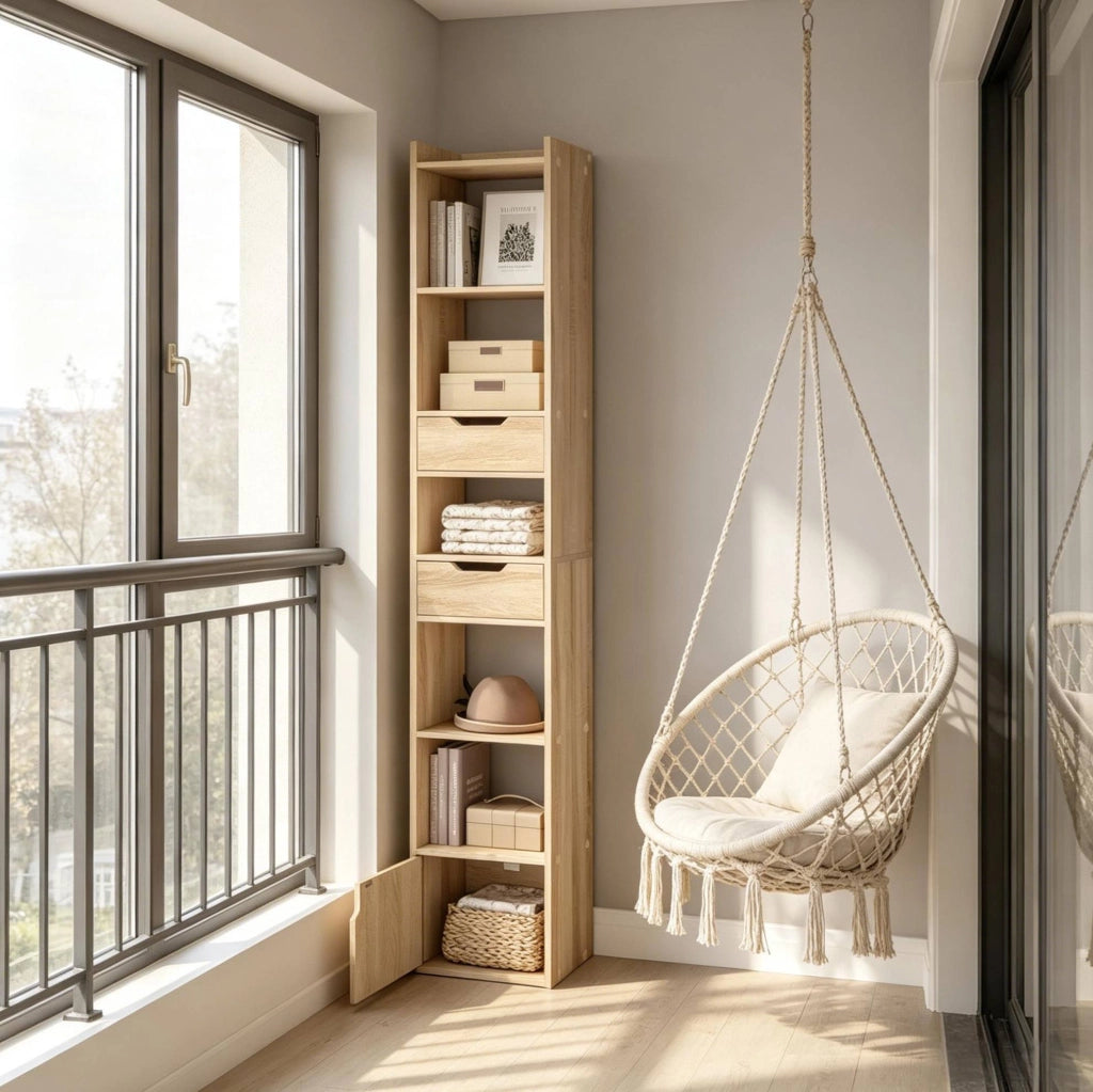 Libreria moderna in legno E1 con 6 ripiani, 2 cassetti e anta, colore rovere chiaro, 33x181x24 cm
