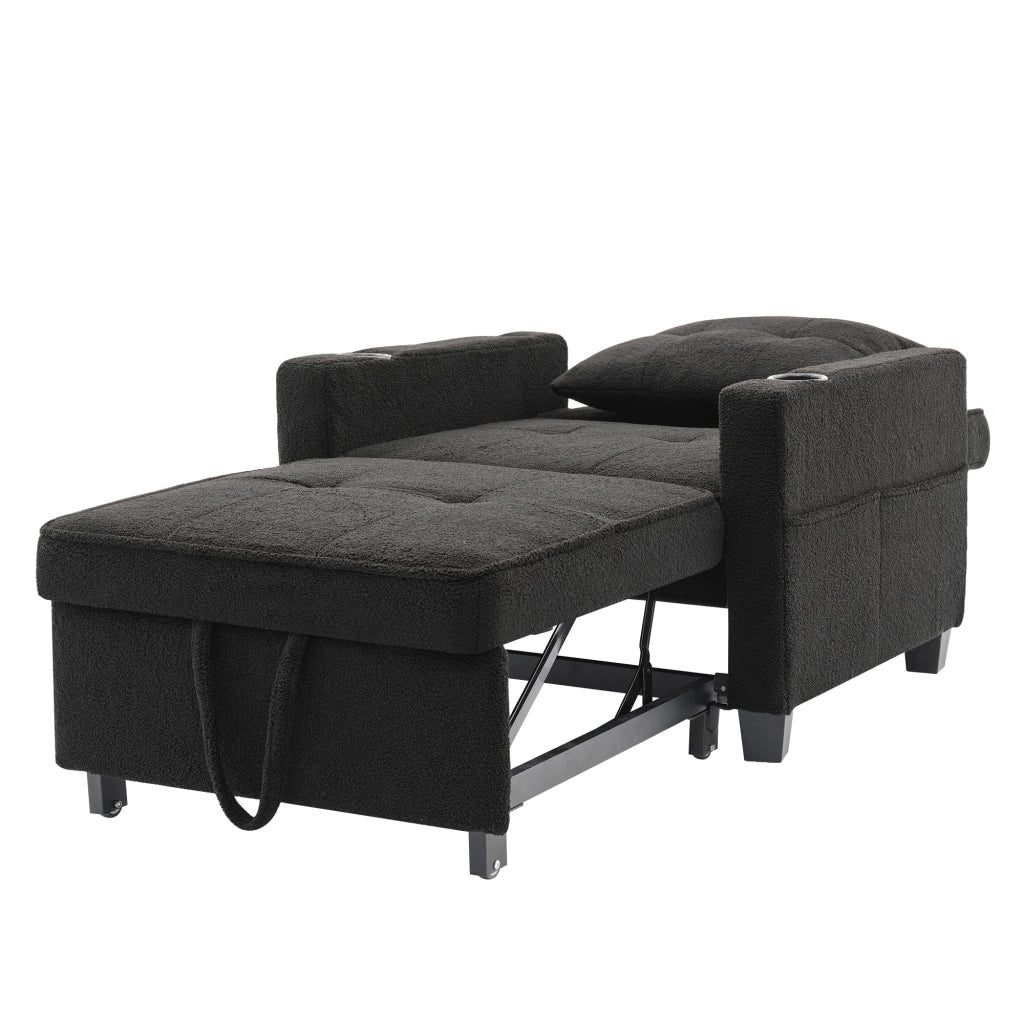 Fauteuil convertibile 3 in 1 con schienale regolabile, porta bicchieri, porta USB e tasca laterale nero 74 × 87 × 84 cm